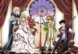  3boys absurdres aged_down black_hair blonde_hair brown_eyes brown_hair checkered_floor clamp_(circle) crease curtains dress fai_d._flowright female head_on_hand head_rest highres holding holding_sword holding_weapon indoors katana kurogane_(tsubasa_chronicle) multiple_boys round_window sakura_hime scan short_hair sitting staff standing sword tassel tsubasa_chronicle weapon window xiaolang 