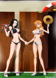  2girls arm_tattoo bikini black_bikini black_eyes black_hair black_swimsuit blue_bikini blue_swimsuit breasts brown_eyes female female_only franky hat high_heel_sandals high_heels holding_hands holding_hat large_breasts long_hair looking_at_viewer midriff milf multicolored_bikini multicolored_swimsuit nami navel nico_robin one_piece orange_hair post-timeskip psyclopathe sandals side-tie_bikini side-tie_swimsuit swimsuit tattoo white_bikini white_swimsuit 