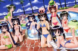  6+girls :d absurdres adjusting_clothes adjusting_swimsuit antenna_hair arched_back arm_support arm_up armpits arms_up ass ayane_(nagasarete_airantou) back ball bangs bare_back bare_legs bare_shoulders barefoot beef_jerky bent_over bikini black_hair blue_bikini blue_eyes blue_hair blue_sky blush bovine bow braid breasts brown_eyes brown_hair bun_cover bush chair chikage_(nagasarete_airantou) cleavage cloud collarbone cup dolphin double_bun drink drinking dutch_angle everyone expressionless feet floor frilled_bikini frills front-tie_top fujishiro_takeshi full_body glass glasses glassrn green_bikini green_hair green_swimsuit hair_between_eyes hair_ornament hair_ribbon hairbow halterneck hands_clasped highres hips holding inflatable_raft innertube kappa kneeling leaning_forward leg_up legs long_hair looking_at_viewer looking_back lounge_chair lying machi_(nagasarete_airantou) mei_mei_(nagasarete_airantou) michiru_(nagasarete_airantou) midriff mound_of_venus multiple_girls nagasarete_airantou object_on_head on_floor on_stomach one-piece_swimsuit open_mouth outdoors palm_tree partially_submerged pig pink_bikini plant ponytail pool poolside popsicle purple_bikini purple_hair red_bikini red_hair ribbon rin_(nagasarete_airantou) sakuya_(nagasarete_airantou) shadow shinobu_(nagasarete_airantou) shiny shiny_hair shiny_skin short_hair short_twintails side-tie_bikini sideboob sky small_breasts smile strapless strapless_bikini straw suzu_(nagasarete_airantou) swimsuit thigh_gap thighs tonkatsu_(nagasarete_airantou) toono_(nagasarete_airantou) topless tree twin_braids twintails underboob very_long_hair wading wallpaper water white_swimsuit wine_glass yukino_(nagasarete_airantou) 