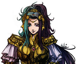  aqua_hair armor black_hair blue_eyes cape commentary_request female gemini_paradox gold_armor gold_saint hideki looking_at_viewer photoshop_(medium) purple_eyes saint_seiya saint_seiya_omega signature smile solo 