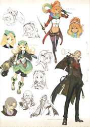  1boy 2girls atelier_(series) atelier_shallie black_bloomers bloomers coat facial_hair gloves grey_hair hidari_(left_side) highres jurie_crotze keithgrif_hazeldine long_hair miruca_crotze moustache multicolored_clothes multicolored_scarf multiple_girls pantyhose scarf smoking_pipe 