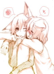  2girls animal_ears blush cat_ears closed_eyes commentary_request copyright_request dog_ears flat_chest heart hug majima_yuki multiple_girls one_eye_closed short_hair simple_background smile spoken_heart squiggle white_background 