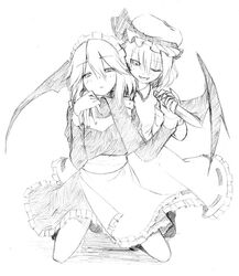  2girls commentary_request flat_chest greyscale hat izayoi_sakuya knife majima_yuki monochrome multiple_girls one_eye_closed remilia_scarlet short_hair simple_background smile touhou white_background wings 