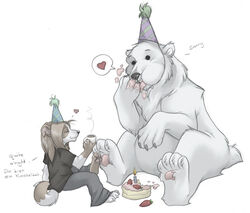  avoid_posting bear birthday cake canid canine canis clothing dessert domestic_dog duo female food hat headgear headwear heart_symbol hindpaw keihound male mammal party_hat paws polar_bear tea_party ursine 