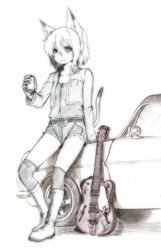  animal_ears blush boots cat_ears cat_tail commentary_request copyright_request cutoffs female flat_chest guitar highres instrument majima_yuki monochrome short_hair shorts simple_background smile solo tail thighhighs white_background 