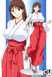  :d breasts brown_eyes brown_hair commentary_request dual_persona female gradient_background hakama hakama_skirt hip_vent japanese_clothes kamisama_dolls large_breasts leg_lift light_smile long_hair long_sleeves looking_at_viewer miko nolia open_mouth red_hakama sash shiba_hibino shoes skirt sky smile sneakers star_(sky) starry_sky watermark web_address wide_sleeves 