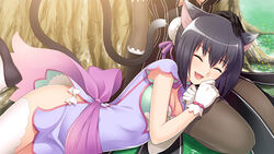  2girls :d ^_^ absurdres animal_ears armpit_peek asymmetrical_clothes bare_arms black_gloves black_hair blade_arcus_from_shining bow bowtie breasts brown_dress bun_cover cat_ears cat_tail china_dress chinese_clothes choker cleavage closed_eyes day double_bun dress eyebrows flower frilled_gloves frills game_cg gloves grass hair_between_eyes hair_bun happy headpat highres knees_up lap_pillow legs long_sleeves lying maxima_sakuya_enfield medium_breasts multiple_girls no_panties oerba_yun_fang open_mouth pantyhose photoshop_(medium) purple_dress ribbon seiza shaomei_rin shining_(series) shining_blade shining_hearts shirt shoes short_dress short_hair sitting smile solo_focus striped_clothes striped_dress tail taut_clothes taut_shirt thighhighs tongue tony_taka tree white_gloves white_thighhighs 