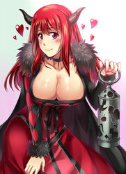  argyle blush breasts choker cleavage commentary_request dress female heart highres horns huge_breasts long_hair looking_at_viewer maou_(maoyuu) maoyuu_maou_yuusha nail_polish red_dress red_eyes red_hair smile solo songwut_ouppakarndee 