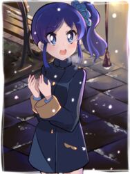  aikatsu! aikatsu!_(series) blue_eyes blue_hair commentary_request female hidejiu kiriya_aoi long_hair night open_mouth outside_border side_ponytail smile snowing solo 