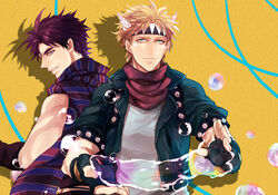  2boys bad_id bad_pixiv_id blonde_hair blue_eyes bubble commentary_request facial_mark fingerless_gloves gloves green_eyes headband jojo_no_kimyou_na_bouken joseph_joestar joseph_joestar_(young) midriff multiple_boys painttool_sai_(medium) purple_hair scarf tetsuo_(watson) triangle_print 