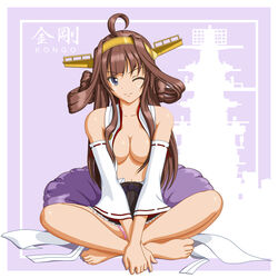  ahoge barefoot battleship breasts brown_hair character_name commentary_request detached_sleeves double_bun female hair_bun hairband indian_style kantai_collection kongou_(battleship) kongou_(kancolle) kongou_kai_ni_(kancolle) long_hair looking_at_viewer medium_breasts military_vehicle no_bra one_eye_closed panties photoshop_(medium) pink_panties purple_eyes shiba_cyon ship silhouette sitting skirt solo underwear v_arms vehicle_and_personification warship watercraft 