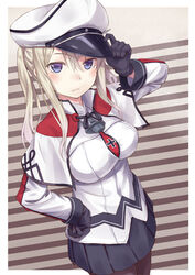  adjusting_clothes adjusting_headwear anchor black_gloves black_pantyhose black_ribbon black_skirt blonde_hair blue_eyes blush border breasts brown_background commentary_request cross doonatsu. dutch_angle female gloves graf_zeppelin_(kancolle) hair_between_eyes hand_on_own_hip hat iron_cross kantai_collection large_breasts long_sleeves looking_at_viewer md5_mismatch military military_uniform miniskirt necktie pantyhose peaked_cap pleated_skirt ribbon sidelocks simple_background skirt solo standing striped striped_background two_side_up uniform white_border 