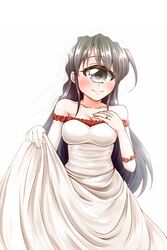  ai_(monster_musume) akahito_(kemoyuru) bare_shoulders black_eyes black_hair bridal_veil collarbone commentary_request cowboy_shot cyclops dress female hand_on_own_chest highres jewelry long_hair monster_girl monster_musume_no_iru_nichijou monster_musume_no_iru_nichijou_online one-eyed ring simple_background smile solo veil wedding_dress wedding_ring white_background 