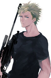  1boy bad_id bad_pixiv_id blonde_hair blue_eyes commentary_request gun highres jormungand_(manga) lutz male_focus rifle scar sniper_rifle solo tetsuo_(watson) weapon white_background 