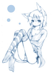  absurdres animal_ears blue_theme cat_ears commentary_request copyright_request female flat_chest highres looking_at_viewer majima_yuki monochrome panties short_hair simple_background solo striped_clothes striped_thighhighs thighhighs underwear white_background 