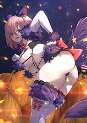  :d agovitch animal_ears ass bad_id bad_pixiv_id bent_over bow breasts clenched_hand elbow_gloves eyes_visible_through_hair fate/grand_order fate_(series) female from_behind fur-trimmed_gloves fur-trimmed_legwear fur_trim gloves hair_between_eyes hair_over_one_eye halloween halloween_costume hand_on_own_hip highres jack-o&#039;-lantern lace lace-trimmed_legwear lace_trim large_breasts looking_back mash_kyrielight mash_kyrielight_(dangerous_beast) night oerba_yun_fang official_alternate_costume open_mouth outdoors pink_hair purple_eyes purple_tail red_bow revealing_clothes sky smile solo standing star_(sky) starry_sky striped striped_bow tail thighhighs white_gloves white_thighhighs wolf_ears wolf_girl wolf_tail 