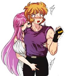  1boy ao_(mayugerx) assertive_female black_gloves clenched_hand commentary_request cowboy_shot crotch_grab dress female fingerless_gloves gloves heart heart-shaped_pupils heart_in_mouth kido_saori light_purple_hair long_dress long_hair paint.net_(medium) saint_seiya simple_background sleeves_rolled_up straight symbol-shaped_pupils unicorn_jabu white_background white_dress 