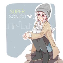  bad_id bad_pixiv_id beanie blush breasts commentary_request eire_(sai_fuji) female hat jacket large_breasts long_hair looking_at_viewer nitroplus open_mouth pantyhose pink_eyes pink_hair ribbed_sweater smile solo squatting super_sonico sweater thighhighs winter_clothes 