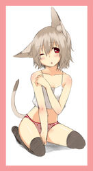  animal_ears blush camisole cat_ears cat_tail commentary_request copyright_request embarrassed female flat_chest food_print grey_hair highres majima_yuki one_eye_closed panties print_panties red_eyes short_hair simple_background sitting solo strawberry_panties strawberry_print tail thighhighs underwear white_background 