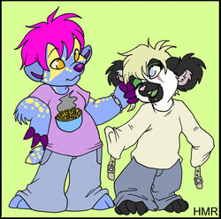  anthro badger blue_eyes bottomwear bracelet clothing duo facial_piercing female glamfur hair jewelry junkupshowup lauri lemur lip_piercing mammal mustelid musteline one_eye_closed pants piercing pink_hair primate restraints shirt sparklefur straitjacket strepsirrhine topwear yellow_eyes young young_anthro zeriara zeriara_(character) 