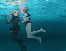  2girls blue_eyes commentary_request i-58_(kancolle) kantai_collection long_hair multiple_girls one-piece_swimsuit open_mouth pink_hair school_swimsuit short_hair swimsuit u-511_(kancolle) underwater youmak 