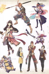  3boys 4girls atelier_(series) atelier_shallie black_hair creature hair_ornament hairband hat hidari_(left_side) highres homura_(atelier) katla_larchica kortes_(atelier) linca_(atelier) linca_(seventh)_(atelier) long_hair multiple_boys multiple_girls official_art pantyhose pink_hair purple_eyes raoul_pireit shallistera_(atelier) skirt solle_grumman thighhighs wilbell_voll-ersleid witch_hat 