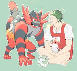  !? 1boy absurdres all_fours alternate_color apron bad_id bad_twitter_id egg green_background green_hair highres incineroar indian_style litten male_focus nywlub_(bulwyn) pokemon pokemon_(creature) pokemon_breeder_(pokemon) pokemon_oras pokemon_sm shiny_pokemon simple_background sitting smile 