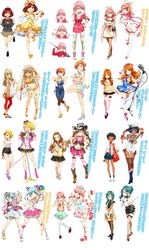  6+girls absurdres aihara_miu alessandra_susu antenna_hair azami_miwako bare_shoulders blazer blonde_hair blue_eyes blush breasts brown_eyes cardigan cleavage crossed_legs earrings echizen_murasaki hair_ornament harumi_sawara highres jacket jedah_diamond jewelry kasukabe_haru long_hair looking_at_viewer medium_breasts misonoo_mana multiple_girls nanasaki_nicole navel official_art one_eye_closed open_mouth orange_hair orikasa_ayumu pleated_skirt red_eyes rokusaki_coney school_uniform short_hair simple_background skirt small_breasts smile strappy_heels tan thighhighs tokyo_7th_sisters twintails usuta_sumire watson_cross 