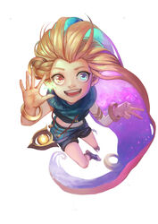  absurdres armlet barefoot blue_eyes blue_scarf bracelet braid commentary_request crop_top female full_body heterochromia highres hong_yu jewelry league_of_legends long_hair looking_at_viewer midriff multicolored_hair navel open_mouth orange_eyes orange_hair purple_hair scarf shorts simple_background smile solo star_(symbol) teeth toeless_legwear two-tone_hair very_long_hair white_background zoe_(league_of_legends) 