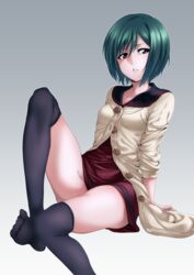  arm_support bad_id bad_pixiv_id bleach buttons cardigan collarbone dress female gradient_background green_hair hair_between_eyes highres isshi_pyuma kujou_nozomi long_legs long_sleeves looking_to_the_side no_shoes over-kneehighs parted_lips red_dress sailor_collar short_dress short_hair solo thighhighs unbuttoned 