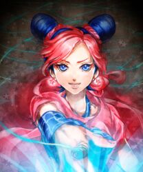  bad_id bad_pixiv_id blue_eyes blue_hair cone_hair_bun double_bun earrings female glowing hair_bun jewelry jojo_no_kimyou_na_bouken kujo_jolyne pointing red_hair solo spider_web_print stone_ocean string tazawa_(odamura) 