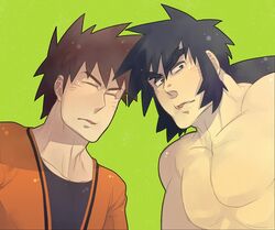  black_eyes black_hair brown_hair closed_eyes elite_four game_freak mitsuko_(likiliki) nintendo pokemon ponytail shiba_(pokemon) shirtless_(male) short_hair spiked_hair spiky_hair takeshi_(pokemon) 