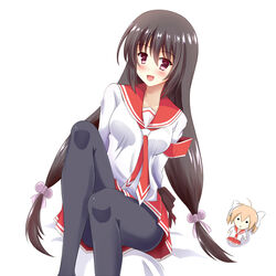  black_hair blush breasts commentary_request female hidan_no_aria hidan_no_aria_aa long_hair looking_at_viewer mamiya_akari medium_breasts pantyhose radek_ken red_eyes sasaki_shino sitting smile 