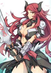  airomed borrowed_character breasts commentary commission female fingerless_gloves frown ge-b gloves horns large_breasts long_hair original red_hair shoulder_pads solo standing sword very_long_hair weapon 