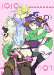  2boys belt black_hair blonde_hair bracelet caesar_anthonio_zeppeli commentary_request crop_top fabulous fingerless_gloves gloves green_eyes hat heart jewelry jojo_no_kimyou_na_bouken joseph_joestar joseph_joestar_(young) midriff momochi_(orrizonte) multiple_boys open_pants pants ring scarf watch wristwatch 