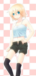  black_shorts blue_eyes blush camisole checkered_background commentary_request female looking_at_viewer majima_yuki original panties panty_peek shorts solo thighhighs underwear unzipped 