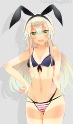  :d absurdres accessory_tan artist_name bad_id bad_pixiv_id bikini bikini_tan blonde_hair blush dated female flat_chest front-tie_top green_eyes grey_background hairband hand_on_own_hip highres kantai_collection long_hair looking_at_viewer navel open_mouth shadow shimakaze_(kancolle) smile solo striped_bikini striped_clothes swimsuit tan tanlines tebi_(tbd11) 