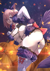  :d agovitch animal_ears ass bad_id bad_pixiv_id bent_over bow breasts clenched_hand commentary_request elbow_gloves eyes_visible_through_hair fate/grand_order fate_(series) female from_behind fur-trimmed_gloves fur-trimmed_legwear fur_trim gloves hair_between_eyes hair_over_one_eye halloween halloween_costume hand_on_own_hip highres jack-o&#039;-lantern lace lace-trimmed_legwear lace_trim large_breasts looking_back mash_kyrielight mash_kyrielight_(dangerous_beast) night oerba_yun_fang official_alternate_costume open_mouth outdoors pink_hair purple_eyes purple_tail red_bow revealing_clothes sky smile solo standing star_(sky) starry_sky striped striped_bow tail thighhighs white_gloves white_thighhighs wolf_ears wolf_girl wolf_tail 