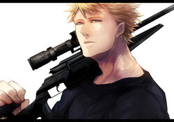  1boy bad_id bad_pixiv_id blonde_hair blue_eyes commentary_request gun jormungand_(manga) letterboxed lutz male_focus painttool_sai_(medium) rifle sniper_rifle solo tetsuo_(watson) weapon 