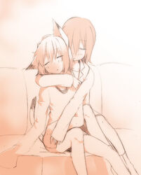  2girls animal_ears cat_ears cat_tail closed_eyes commentary_request flat_chest hug hug_from_behind majima_yuki monochrome multiple_girls original short_hair sitting tail 