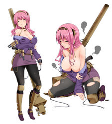  bare_shoulders black_legwear blush boots breasts cleavage closed_eyes commentary_request earrings female full_body hairband highres jagdtiger jewelry large_breasts long_hair miki_purasu military military_vehicle motor_vehicle multiple_earrings multiple_views original pantyhose personification pink_hair simple_background smoke tank tank_destroyer tank_turret torn_clothes torn_pantyhose white_background world_of_tanks 