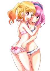  2girls aikatsu!_(series) aikatsu_stars! ass bad_id bad_pixiv_id bikini blonde_hair blue_eyes blush breasts butt_crack cleavage commentary_request drill_hair frills hair_ornament hairband hug looking_at_another multiple_girls nijino_yume ono_toshihiro open_mouth orange_eyes pink_hair sakuraba_rola short_hair sidelocks small_breasts smile swimsuit twintails white_background 