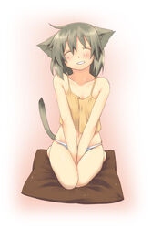  animal_ears blush cat_ears cat_tail closed_eyes commentary_request copyright_request female flat_chest grin highres majima_yuki panties seiza short_hair sitting smile solo tail underwear v_arms 