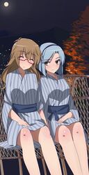  2girls :o akuma_no_riddle alternate_hairstyle bench blush brown_hair closed_eyes collarbone couple full_moon glasses grey_hair hair_down hairband highres imageboard_desourced japanese_clothes kenmochi_shiena kimono light_smile long_hair moon mountain multiple_girls night night_sky non-web_source outdoors parted_lips plant sash short_hair shutou_suzu sitting sky tree yukata yuri 