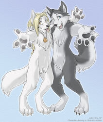  4_fingers anthro avoid_posting canid canine canis chest_tuft domestic_dog duo fingers fur jewelry keihound male mammal necklace open_mouth paws standing tongue tongue_out tuft 