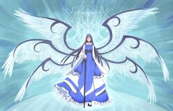  angel_wings black_footwear blue_dress blue_hair blue_tabard cane closed_eyes closed_mouth commentary dress english_commentary expressionless facing_viewer feathered_wings female floating_hair frilled_dress frills full_body highres holding holding_cane illynda large_wings layered_dress long_hair long_sleeves multiple_wings sariel_(touhou) scribble seraph standing star_(symbol) tabard touhou touhou_(pc-98) two-tone_dress very_long_hair white_dress white_wings wide_sleeves wings 