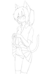  animal_ears cat_ears clothes_lift commentary_request copyright_request female greyscale highres line_art majima_yuki monochrome panties skirt skirt_lift solo underwear 