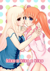  2girls blonde_hair blue_eyes blush couple cover cover_page doujin_cover fate_testarossa hand_holding long_hair looking_at_another lyrical_nanoha mahou_senki_lyrical_nanoha_force mahou_shoujo_lyrical_nanoha mahou_shoujo_lyrical_nanoha_strikers mahou_shoujo_lyrical_nanoha_vivid multiple_girls nightwear open_mouth orange_hair pajamas ponytail red_eyes sleepwear smile takamachi_nanoha very_long_hair watercolormark yuri 