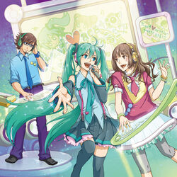  1boy 2girls ahoge aqua_eyes belt bracelet brown_eyes brown_hair commentary_request copyright_name detached_sleeves glasses green_hair hatsune_miku headphones headset jewelry long_hair microphone momopanda multiple_girls music necktie open_mouth outstretched_arm photoshop_(medium) singing skirt suspenders thighhighs twintails very_long_hair vocaloid 