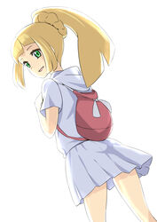  :d alternate_costume alternate_hairstyle backpack bag blonde_hair blunt_bangs braid commentary_request dutch_angle female from_behind green_eyes high_ponytail jack-barro lillie_(pokemon) long_hair looking_back miniskirt open_mouth pleated_skirt pokemon pokemon_sm ponytail ponytail_with_braided_base shirt short_sleeves sidelocks simple_background skirt smile solo spoilers white_background white_shirt white_skirt 